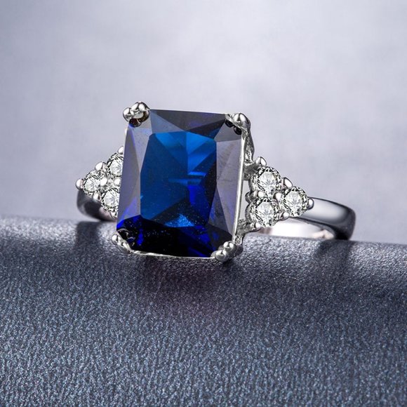 NEW Radiant Cut Blue Sapphire Silver Diamond Ring - Picture 4 of 4